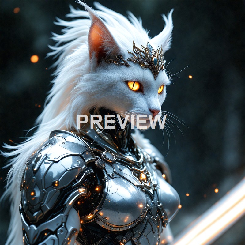 A white cat with glowing yellow eyes wearing a decorative headpiece and a suit of futuristic, metallic armor with glowing orange accents.